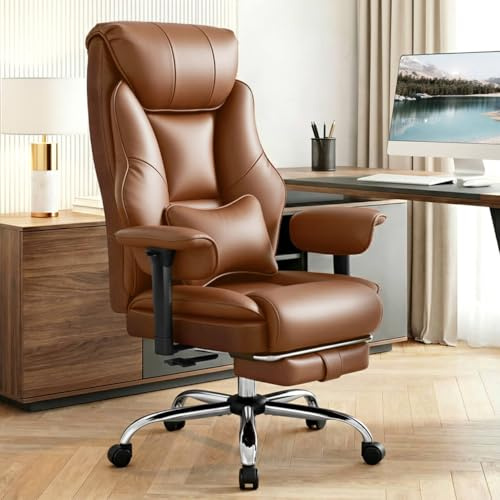 WOLTU Bürostuhl ergonomisch, Chefsessel Doppellagige weiche Rückenlehne, 3-stufige Rückenlehnenverstellung, mit Lendenwirbelstütze, Fußstütze, für Büro, Besprechungsraum, PU, Braun