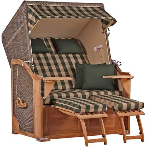 MR. DEKO® Strandkorb Seeblick 2-Sitzer Teakholz | PE Geflecht Grey | Volllieger verstellbar mit Fußablage | inkl. 4 Kissen + Wechselpolster | Strandkörbe Teak fertig montiert Strandstuhl (Dessin 506)