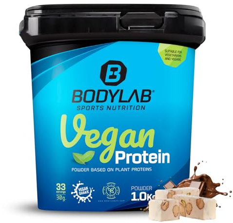 Bodylab24 Vegan Protein Schokolade-Nougat 1000g, 100% veganes Proteinpulver aus Ackerbohnen, Erbsen- und Kürbiskernprotein, mit 80g Eiweiß je 100g Pulver, ideal für den Muskelaufbau und -erhalt