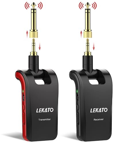 LEKATO Stereo 2.4GHZ Guitar Wireless System Wiederaufladbarer Gitarrensender Empfänger für Gitarren, Bass, Keyboard, Musikinstrumente Stereo & Mono Sound Supporting