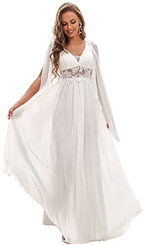 Ever-Pretty Robe de Mariée Longue Femme Simple à Traine Taille Transparante Col V pour Mariage Blanche 36