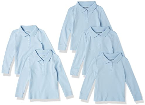 Amazon Essentials Girls' Long-Sleeve Interlock Polo Shirts, Pack of 5, Light Blue, 4 Years