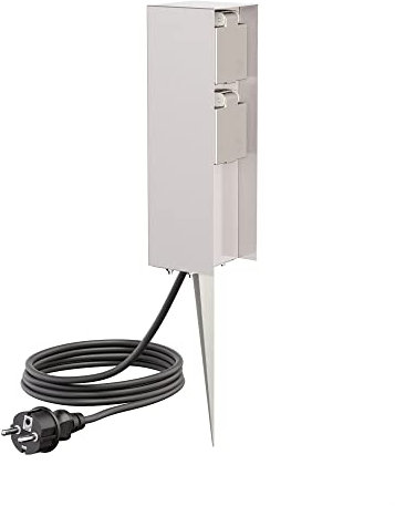 ledscom.de Colonne de Prise de Courant de Jardin POMI avec Piquet de Terre et câble de 2m pour l'extérieur, IP44, 2-Fois, Acier Inoxydable, Angulaire, 23cm