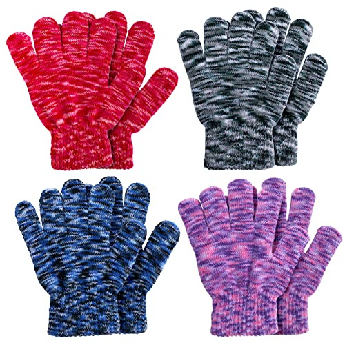QKURT 4 par stickade vinterhandskar för barn, magiska barnhandskar med kamouflagefärg, stretchiga unisex fingerhandskar för pojkar och flickor från 2–6 år, Flerfärgad