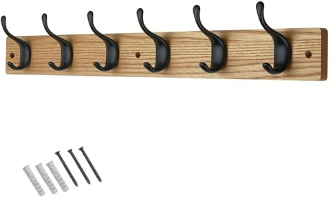 keypak 6 Matte Black Coat Hooks on Ash Effect Wooden Board - 68cm Modern Wall Mounted Coat Rack Clothes Hanger