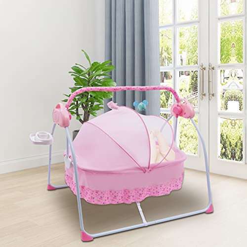 SHZICMY Babywiege Babybett Elektrische, Babyschaukel Elektrisch, Automatischer Schaukelstuhl mit Bluetooth MP3 Musik Player, Auto Swing intelligente Steuerung Baby Crib, 180° Drehbar (Rosa)