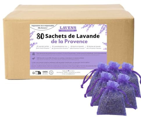 LAVENS - 80 bolsitas de Lavanda perfumadas - Origen Provence France - 640G - Bolsa de Olor para Armario, Ropa y Armario. Bolsa de Lavanda Seca Desodorante Aroma Intenso.