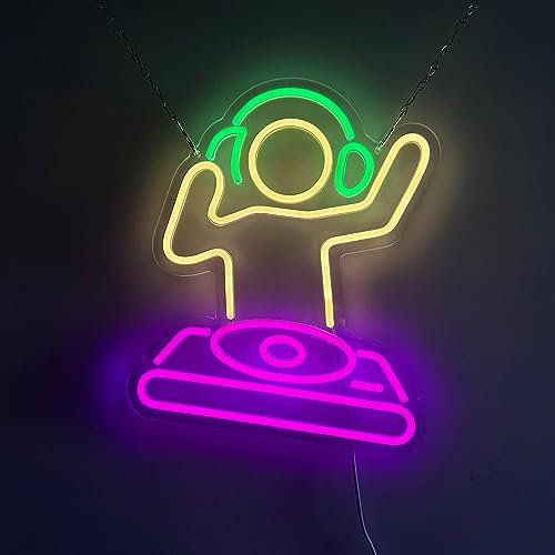 LZXSXZ Neon Schild, DJ Boy LED Neonlicht, Gelb + Grün + Lila LED Lichtzeichen Neon Neon Schild Nachtlichter, Acryl USB Neon Sign Leuchtschrift für Wand Game Room Bar Party Deko - 40×30CM