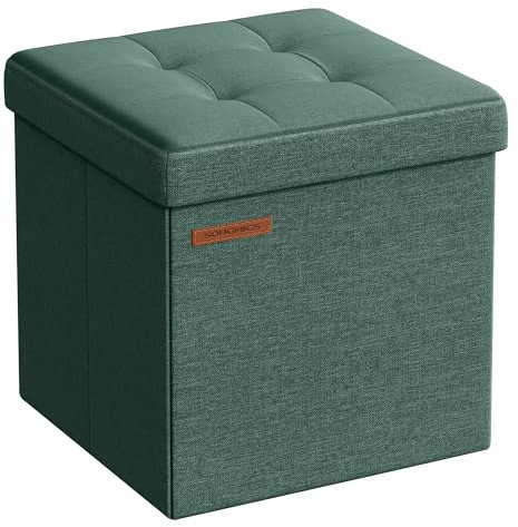 SONGMICS Tabouret de Rangement, Petit Pouf Pliable, 30 x 30 cm, Repose-Pieds Cubique avec Rangement, Charge jusqu'à 130 kg, pour Salon, Chambre, Dortoir, Vert Rétro LSF028C01