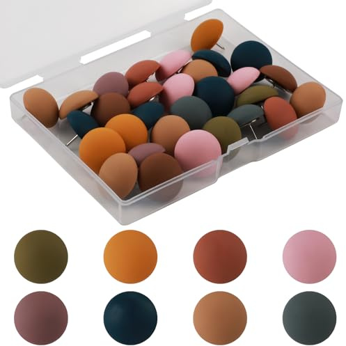 30pcs Matte Push Pins for Bulletin Board, Colorful Round Map Pins Resin Decorative Push Pin Steel Point Reusable Cute Thumb Tacks Pushpin for Cork Boards, Photos, Calendar, Home, Office, Packed in Box