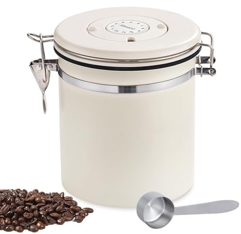 XPOOP 1,5L Kaffeedose Luftdicht aus Edelstahl, Kaffeebohnen Behälter mit Messlöffel für Aufbewahrung Tee Nüsse Kakao (Beige)