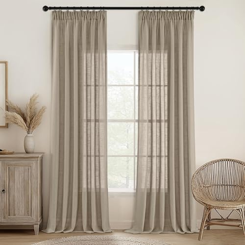 MIULEE Gardiner med rynkband, öglehalsduk, voilegardin, modern linnelook, halvtransparent, för vardagsrum, sovrum, skjutgardiner, set om 2, mörkbrun, 245x140 cm
