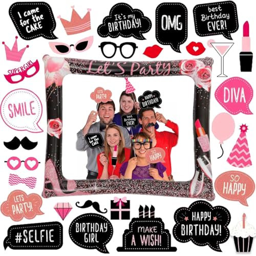 Rose Gold Inflatable Photo Booth Frame, 31 Pieces Birthday Party Photo Booth Props, Selfie Frame for Boys Girls Men Women Him Her Birthday Party Decorations
