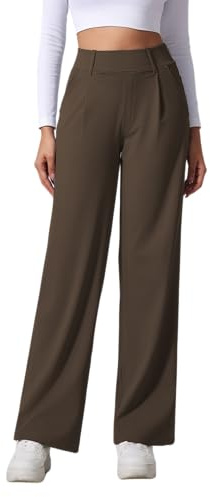 SotRong Pantalon de yoga pour femmes UK jambe droite large élastique uni pantalons pour les loisirs taille haute élastique pull on décontracté élégant pour le bureau pantalons avec poche, marron, M