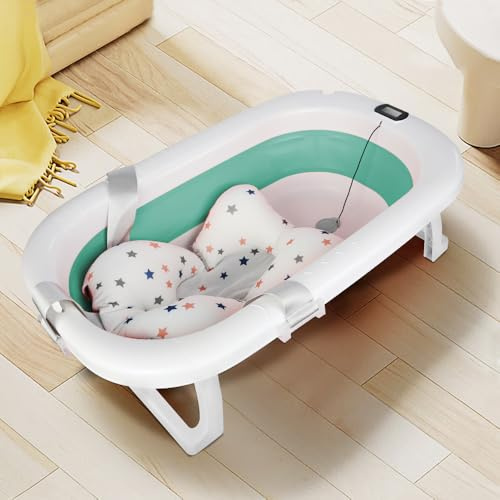Baignoire pour bébé pliable avec coussin de bain antidérapant, taille XXL, thermomètre pour contrôler la température de l'eau, de la naissance à 2 ans, avec coussin de soutien, tapis de siège