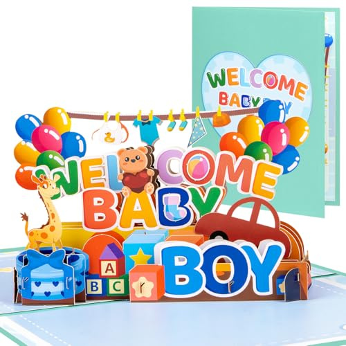 CNLITIHEKA Carte de bienvenue pour nouveau-né – Thème ballons, carte de naissance pour garçon, cartes de vœux pop-up 3D, pour nouveau-né, félicitations.