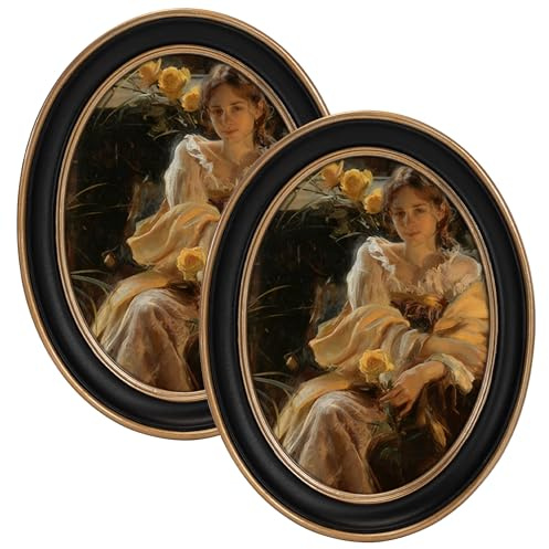 eletecpro 5x7 Vintage Picture Frame Set of 2 with Real Glass Cover, Oval Ornate Photo Frame, Display 5x7 Picture for Tabletop or Wall Hanging, Black Home Decor for Gallery Art