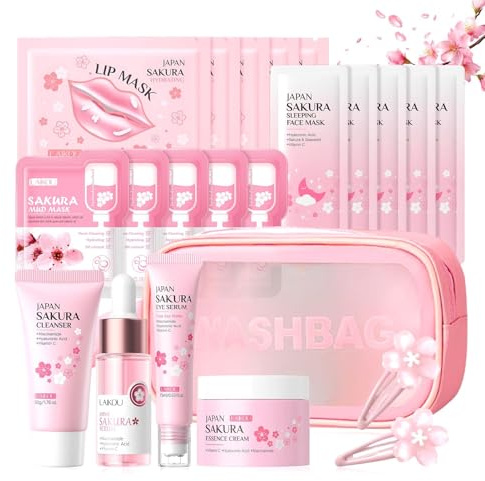 Kit per la Cura della Pelle Sakura 21 Pezzi,Include Detergente,Crema, Siero,Siero per gli occhi,Maschera di fango,Maschera per dormire, Accessori,Set Skincare Viso Completo per Ragazze e Donne