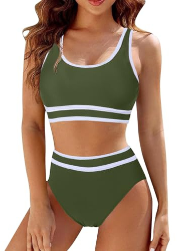 Mayoii 2 Piece Swimsuit for Women Bikini Set High Waisted Bottom Padded Push Up Top Tummy Control Swimwear Swimming Costumes Bathing Suit (UK, Alpha, XL, Regular, Regular, Green)