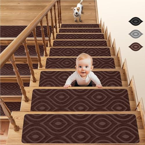 15 tappetini per scale in legno, 20,3 x 76,2 cm, adesivi per gradini delle scale, antiscivolo, riutilizzabili, per bambini, anziani e animali