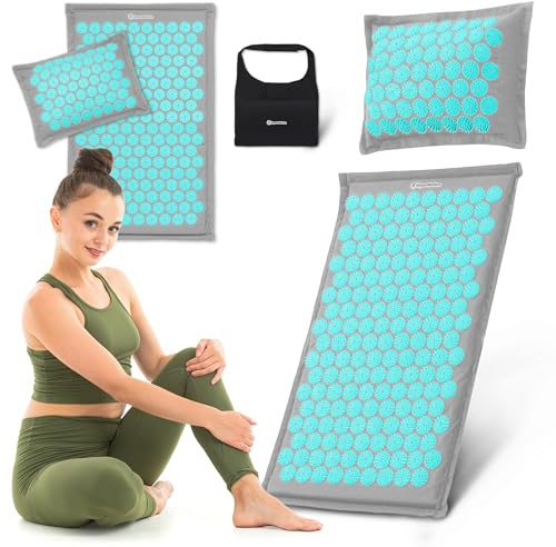 HyperMotion ECO Akupressurmatta i Linne med Kokosfiber och Boveteskudde 68 cm, Spikmatta Set med Väska för Avslappning, Ryggmassage och Återhämtning, Grå/Mint