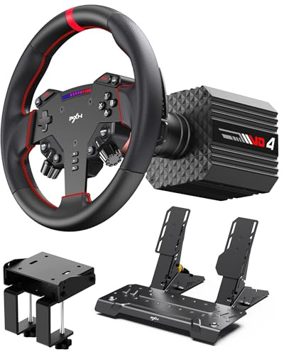PXN VD4 Direct Drive Racing Wheel Bundle – 4Nm Servo Motor Base, 11 in Steering Wheel with Quick Release, Hall Effect Pedals, Table Clamp, PC Tuning Software Support, Racing Simulator Set for Windows