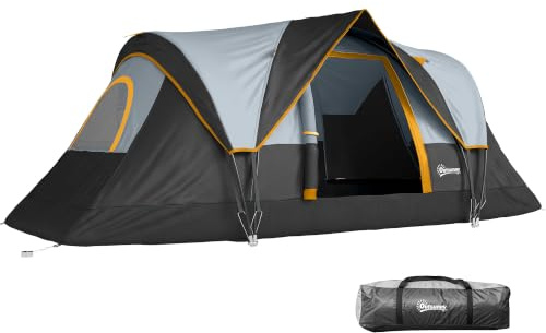Outsunny Tente de Camping familiale 5-6 pers. - Tente tunelle imperméable légère ventilée Facile à Monter - Grande Porte + 2 fenêtres - 4,55L x 2,2l x 1,8H m Fibre Verre Polyester Oxford Gris Clair