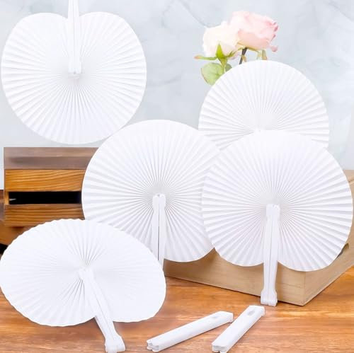 081 Store - 120 pz Ventagli Bianchi Pieghevoli in Carta Plastica Segnaposti Bomboniere per Matrimonio Festa Chiesa Ricevimenti Diametro 24 cm