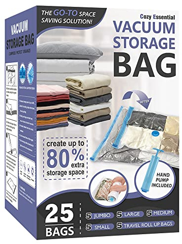 Cozy Essential Vacuum Storage Bags, Compression Space Saver Bags for Clothes, Comforters, Blankets, Pillow, Bedding, Sealer Clothing Storage,25 Combo