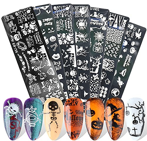 Halloween Nail Art Stamping Plate - JMEOWIO 6 Sheets Pumpkin Skull Ghost Witch Image Plate Nail Art Design Stamp Kit Manicure Template Set