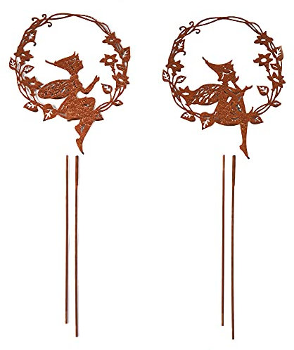 UNUS Garden - Ghirlanda di fiori con elfo, effetto ruggine, decorazione da giardino, decorazione in ruggine per giardino, terrazza, balcone, vaso di fiori, set da 2