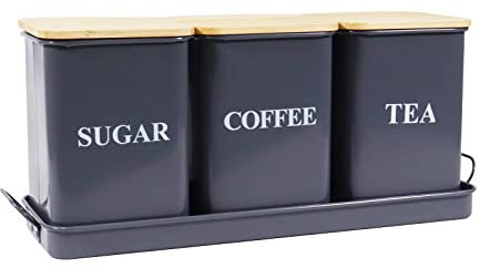 Xbopetda Tea & Coffee Sugar Canisters - Set of 3, Metal Storage Tins with Wooden Lid & Tray - Gray