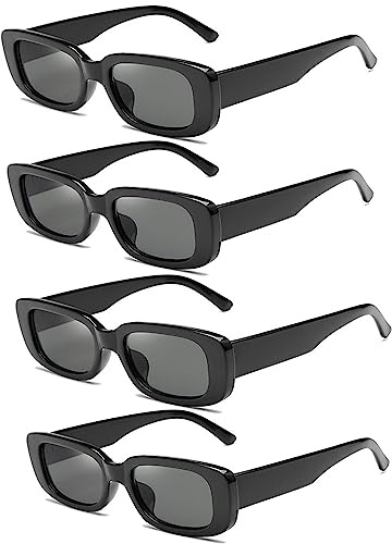 FSMILING 4 Pièces Lunettes De Soleil Noir Rectangulaire Lunette Rectangulaire Vintage Retro Lunettes De Soleil Pour Femme Homme