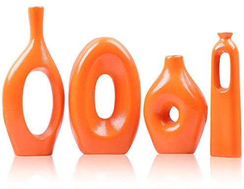 Juego de 4 jarrones redondos de cerámica de color naranja para decoración de hierba de las pampas y flores, jarrones pequeños minimalistas modernos para sala de estar, dormitorio, chimenea, decoración