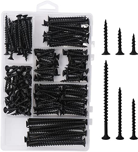 JEGONFRI High Hardness Drywall Screws Assortment Kit, 166 pcs, Coarse Thread, Phillips Drive, Black Wood Screws, Screws Assortment, Screws Set, 6 Sizes (3”,2”,1-1/2”,1-1/4”,1”,3/4”)