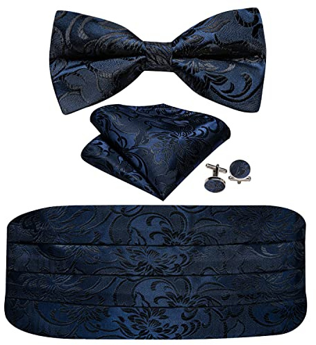 Barry.Wang Cummerbund Ensemble nœud papillon en soie pour homme avec boutons de manchette carrés pré-noués