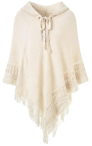 Rayson Poncho Cape Femme a Capuche Hiver Chaud Cape a Capuche Tricoté Poncho avec Franges col Rond et Ouvert Ponchos et Capes(Beige,Taille Unique)