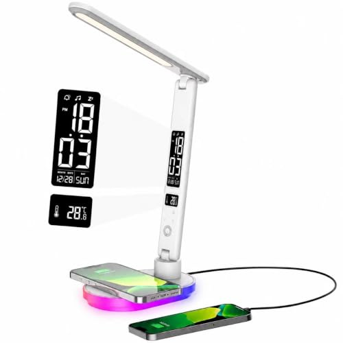Lampada da scrivania a LED con caricatore senza fili, lampade da tavolo dimmerabili touch con colore e 5 livelli di luminosità, lampada con porta USB, orologio,luce notturna a colori, LCD,pieghevole