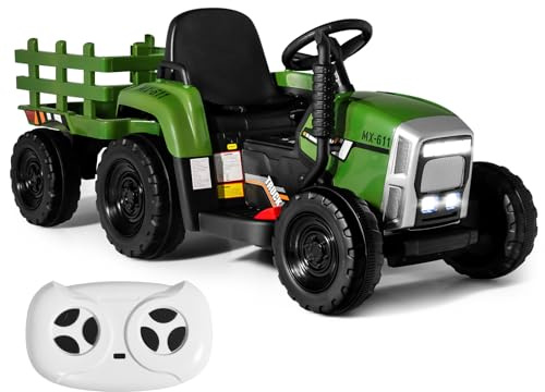 SOARS Trattore Elettrico per Bambini 12V con Rimorchio Rimovibile, Trattore Cavalcabile con Telecomando e Pedale Acceleratore, Veicolo con Multimedia, Clacson e Luci, Carico 30 kg (Verde Scuro)