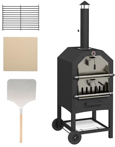 Outsunny 2-in-1 Outdoor Pizza Oven 3-Tier Freestanding Charcoal BBQ Grill with Rain Cover, Chimney, Thermometer, Bottom Shelf, Anti-scald Handles, Wheels for Garden Party Gathering