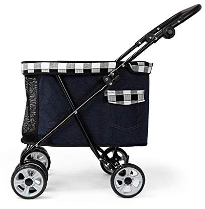 Leichte Hundebuggys für kleine Hunde, Hundekinderwagen, Buggy, 360° glattes Vorderrad, leicht zusammenklappbar, Katzenbuggys, Armlehne, 4-Gang-Einstellung (Schwarz Blau) (Schwarz Blau)