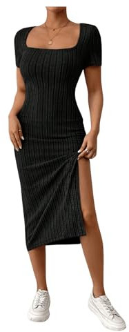 GORGLITTER Women's Square Neck Bodycon Midi Dresses Short Sleeve Ribbed Slit Tight Casual Dress Solid Black L