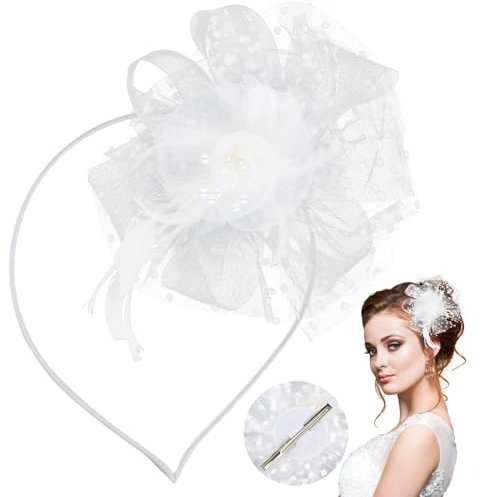 Amexo Damen Fascinators, Weiß Blume Mesh Feder Fascinator Stirnband Schleier Fascinator mit Stirnband und Clip für Damen Mädchen Tea Party Hochzeit Kirche