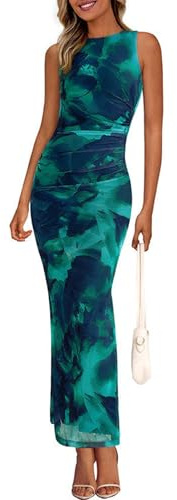 PRETTYGARDEN Wedding Guest Dresses for Women 2025 Summer Spring Floral Bodycon Sleeveless Mesh Maxi Long Dress(Lake Blue Floral,Small)