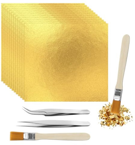 WACH AUF 200 Blattgold mit 2 Pinsel des Holzgriffs + 2 Pinzette Blatt Imitation Blattgold Goldfolie zum Basteln Transferfolie Gold DIY Projekte Blattsilber für Vergoldung Handwerk Dekoration (8*8,5cm)
