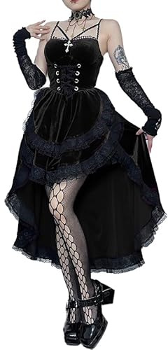 Gothic Hi Low Swing Cocktail Party Dress Women's Vintage Goth Lace Smocked Elastic Waist Pleated Flowy Bodycon Dresses