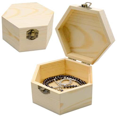 Fahibin Caja de madera hexagonal,Caja de joyería hexagonal de madera sin pintar para Decoración del Hogar, Manualidades, Boda 13 * 7 * 6.4cm