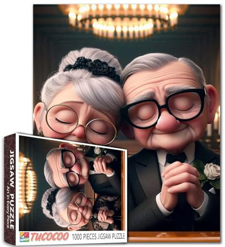 Puzzle da 1000 pezzi per adulti con scritta Grandpa and Grandma Making Wishes, elegante coppia di anziani, fiori, rose e lampade, puzzle intellettuale, decomprimente, divertente, decorazione da