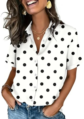 Zeagoo Spring Tops for Women 2026 Short Sleeve Button Down Shirts Collared Polka Dot Top Business Casual Work Blouses