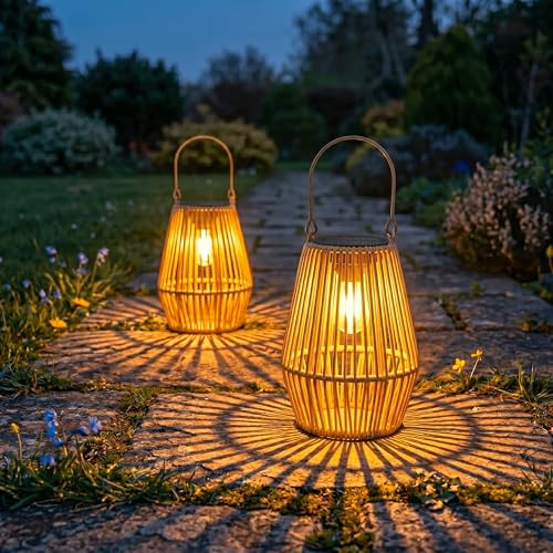 Freekite 2 Piezas Farolillos Solares Exterior,Farol Solar de Ratán Trenzado Impermeable IP65, Lamparas Solares Exterior Colgante para Patio, Balcón y Jardín, Regalo para Mujeres y Mamás
